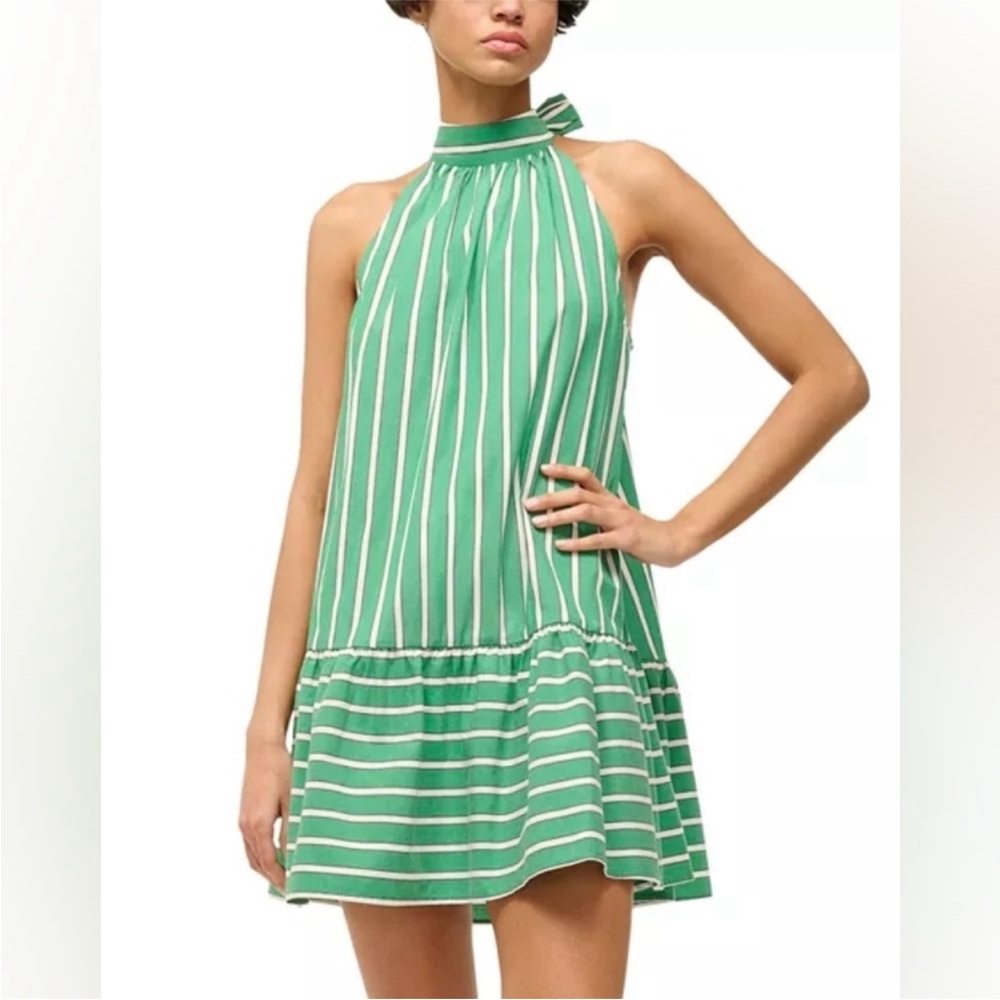 Christian Lacroix Halter Mini Dress Green White Striped Drop Waist Size M Medium